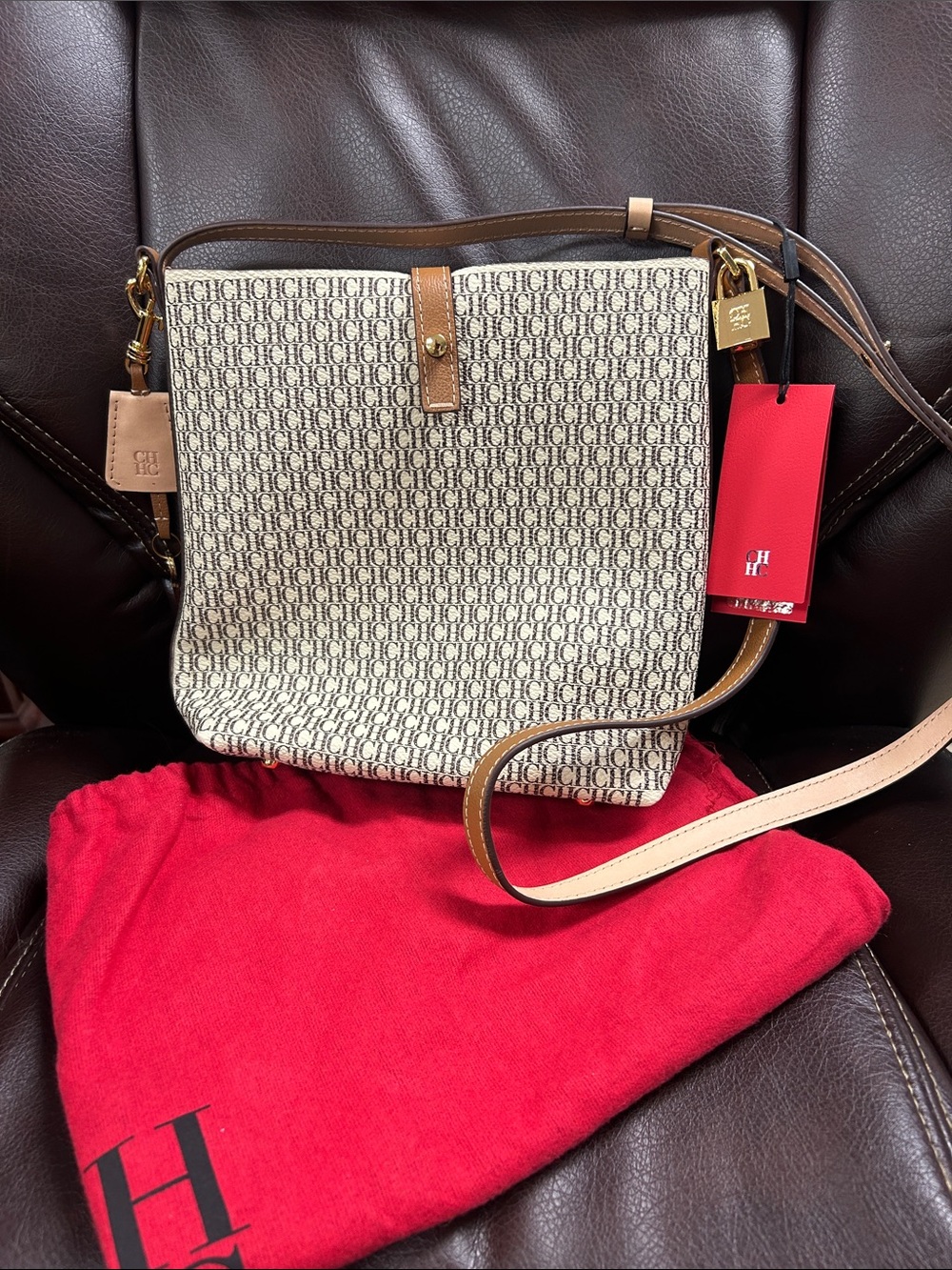 Carolina Herrera Signature Crossbody Bag in Beige and Brown